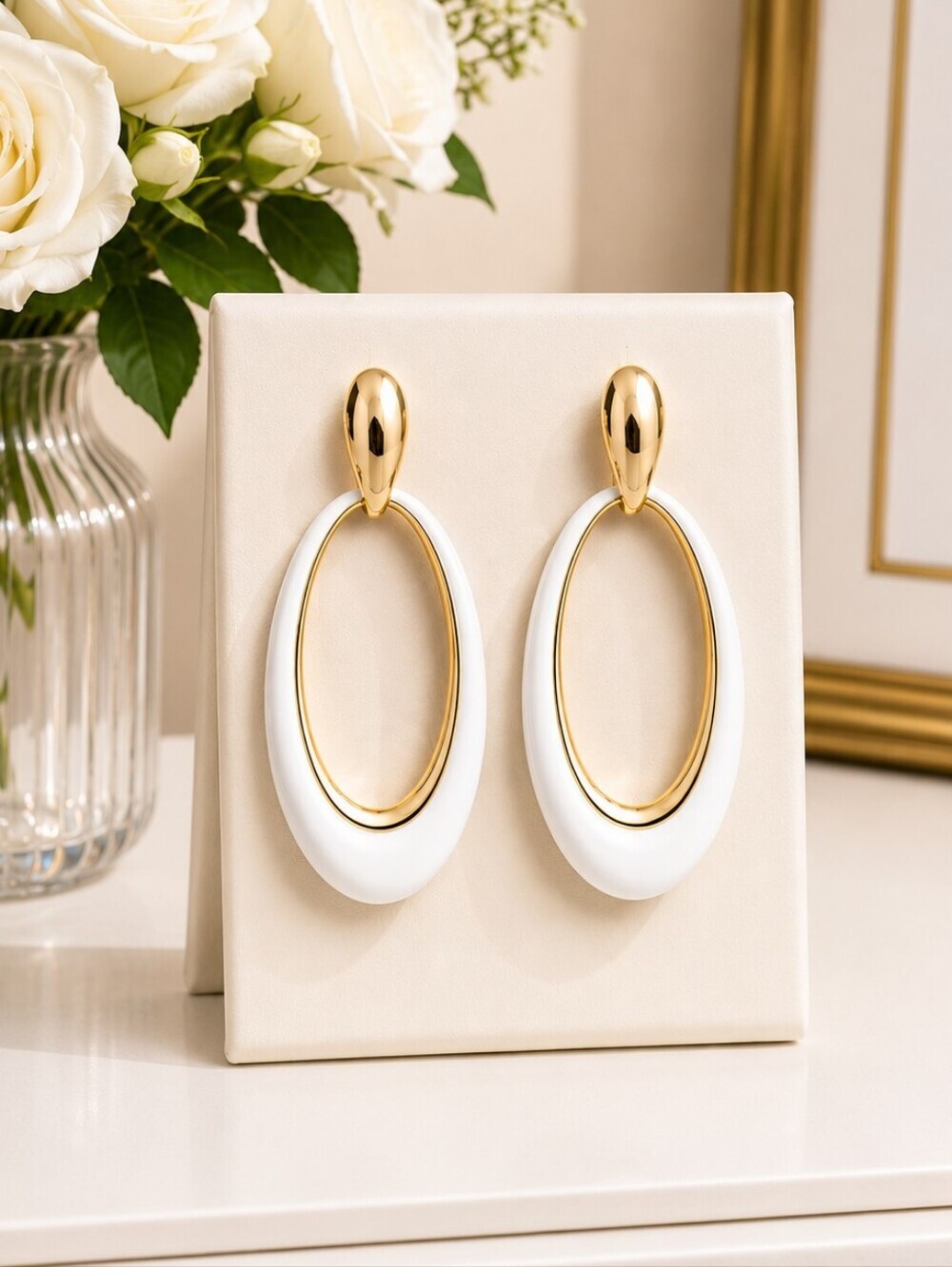 22k Gold Plated White Enamel French Style Oval Earrings